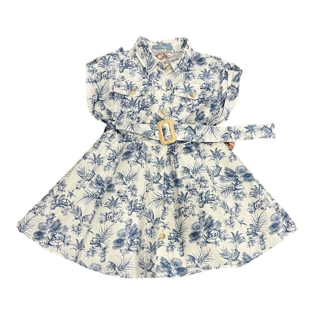 Gingersnaps Blue Floral Button Up Safari Dress with Belt 2T